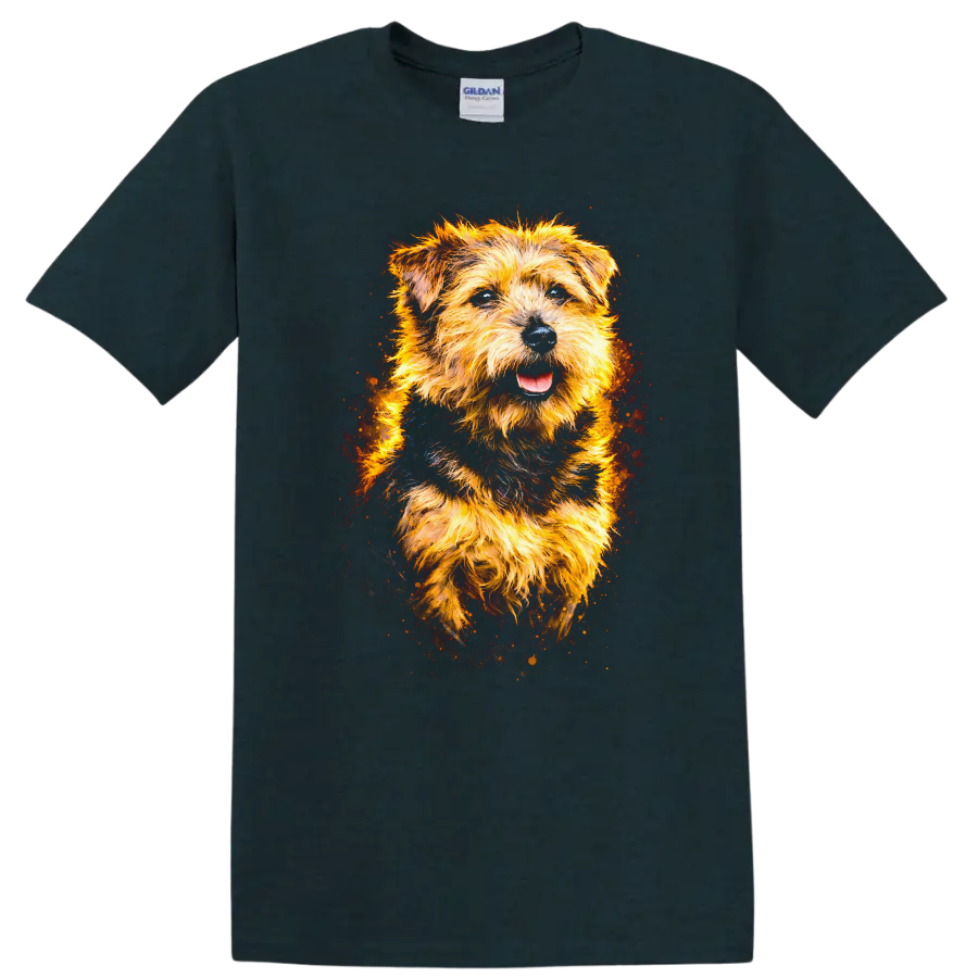 Glowing Terrier Dog Portrait T Shirt Vibrant Fire Art for Dog Lovers on a Midnight (Green) T Shirt