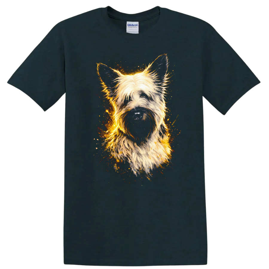 Fluffy Terrier Dog Portrait Artistic Fire Glow T Shirt on a Midnight (Green) T Shirt