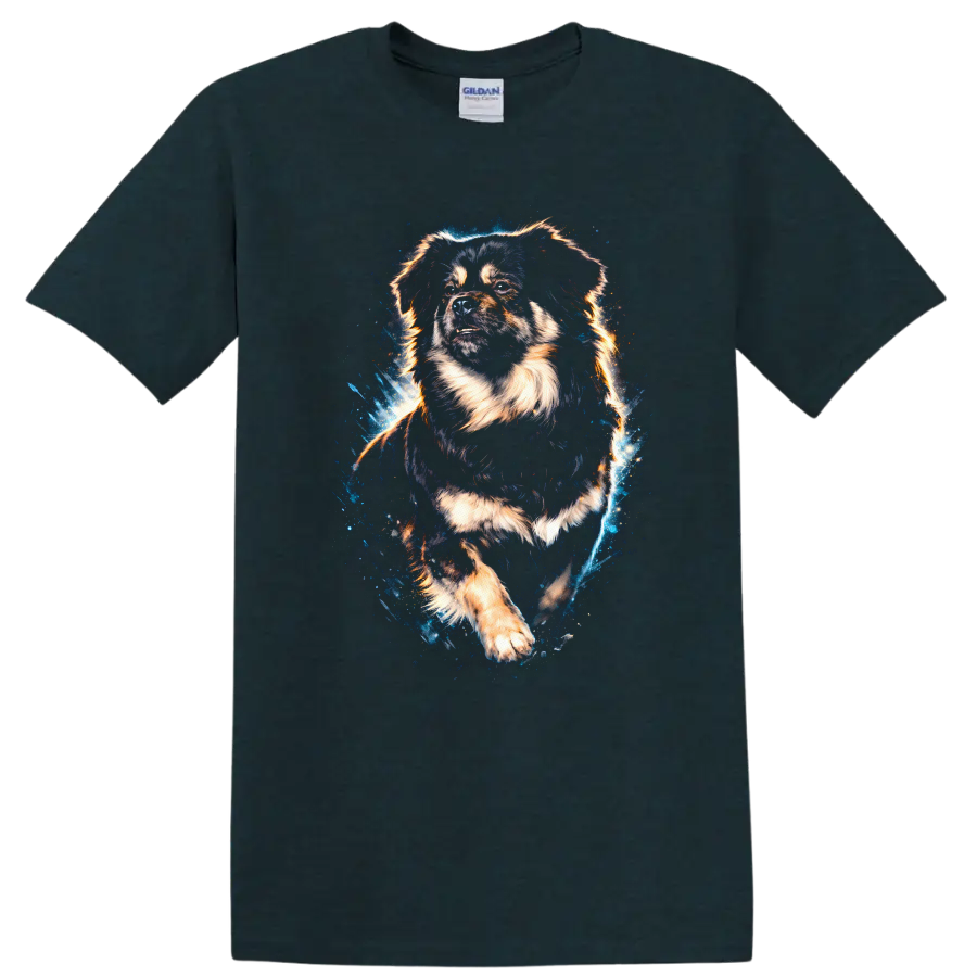 Fluffy Dog Art T Shirt, Vibrant Splash Portrait for Dog Lovers on a Midnight (Green) T Shirt