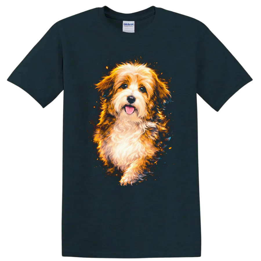 Fluffy Dog Portrait T Shirt Bright Colorful Pet Lover Graphic on a Midnight (Green) T Shirt