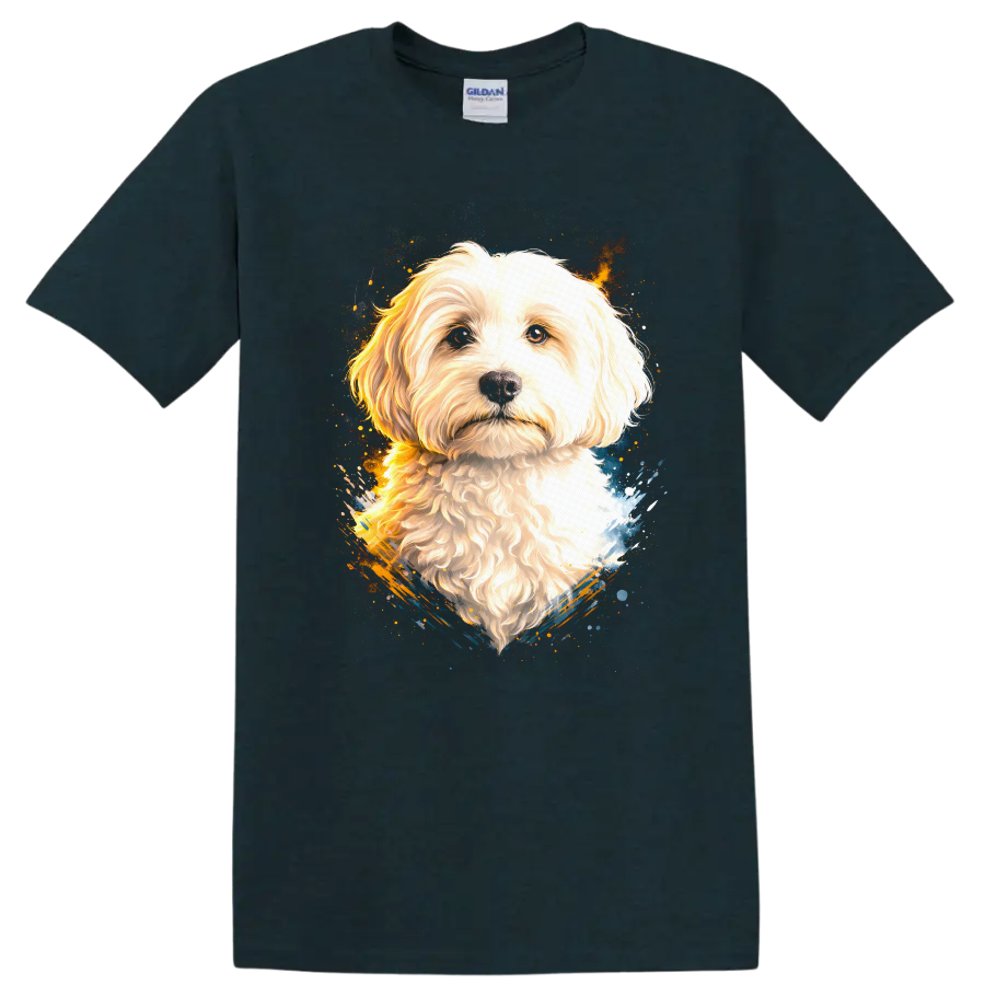Fluffy White Dog Portrait Watercolor Splash T Shirt for Dog Lovers on a Midnight (Green) T Shirt