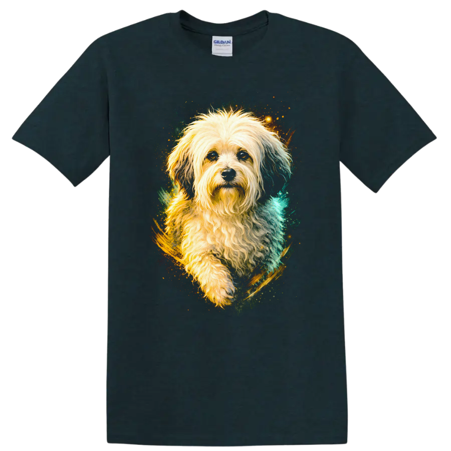 Fluffy Dog Portrait Art T Shirt for Dog Lovers Colorful Pet Graphic on a Midnight (Green) T Shirt