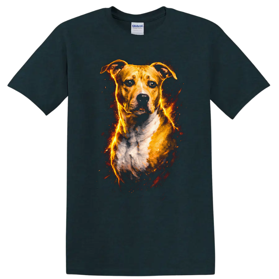 Fiery Pit Bull Dog Portrait Graphic T Shirt for Dog Lovers on a Midnight (Green) T Shirt