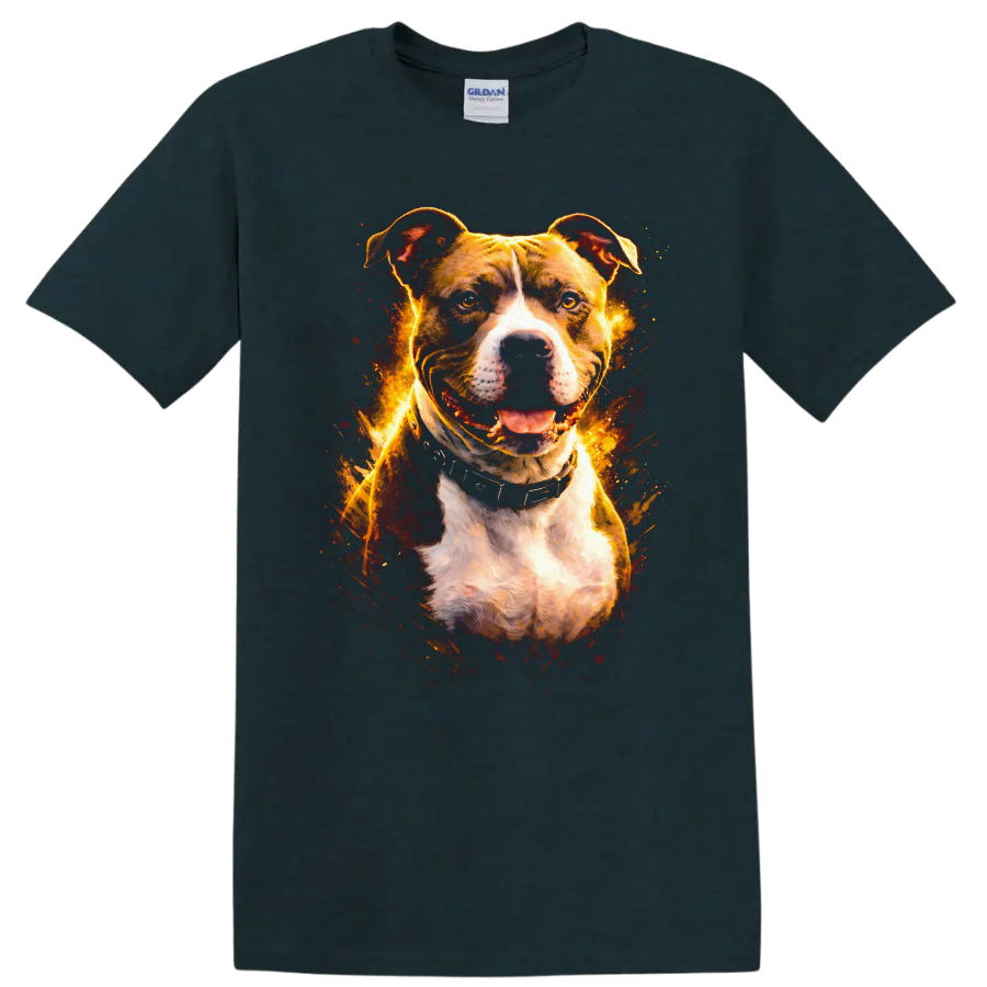 Pit Bull Dog Portrait Fire Glow T Shirt for Dog Lovers and Breed Fans on a Midnight (Green) T Shirt