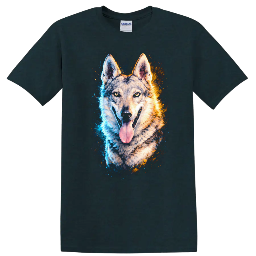 Blue and Orange Wolf Portrait Graphic T Shirt for Dog Lovers on a Midnight (Green) T Shirt