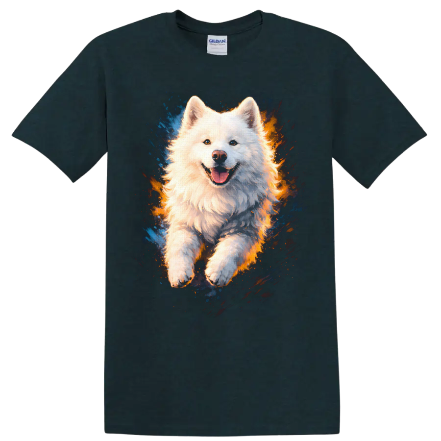 White Fluffy Dog Splash Art T Shirt for Dog Lovers - Midnight (Green)