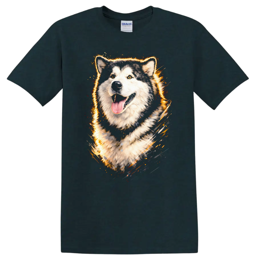 Flaming Husky Dog Portrait Graphic T Shirt for Dog Lovers on a Midnight (Green) T Shirt