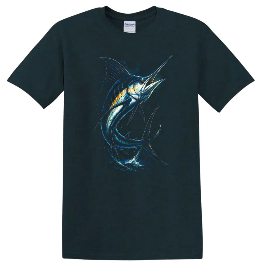 Blue Marlin Fish Splash Art T Shirt, Ocean Angler Graphic - Midnight (Green)