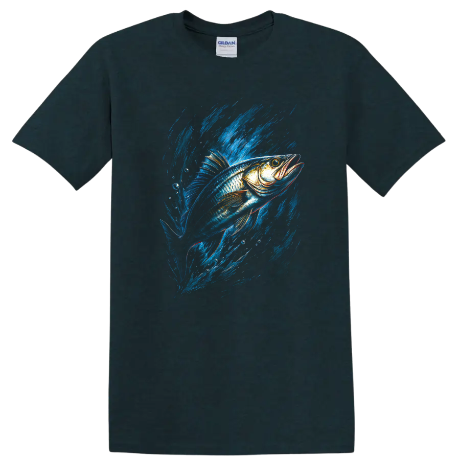 Blue Fish Splash Graphic T Shirt For Anglers and Nature Lovers - Midnight (Green)