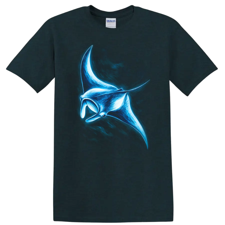 Glowing Blue Manta Ray Fish Art T Shirt for Ocean Lovers - Midnight (Green)