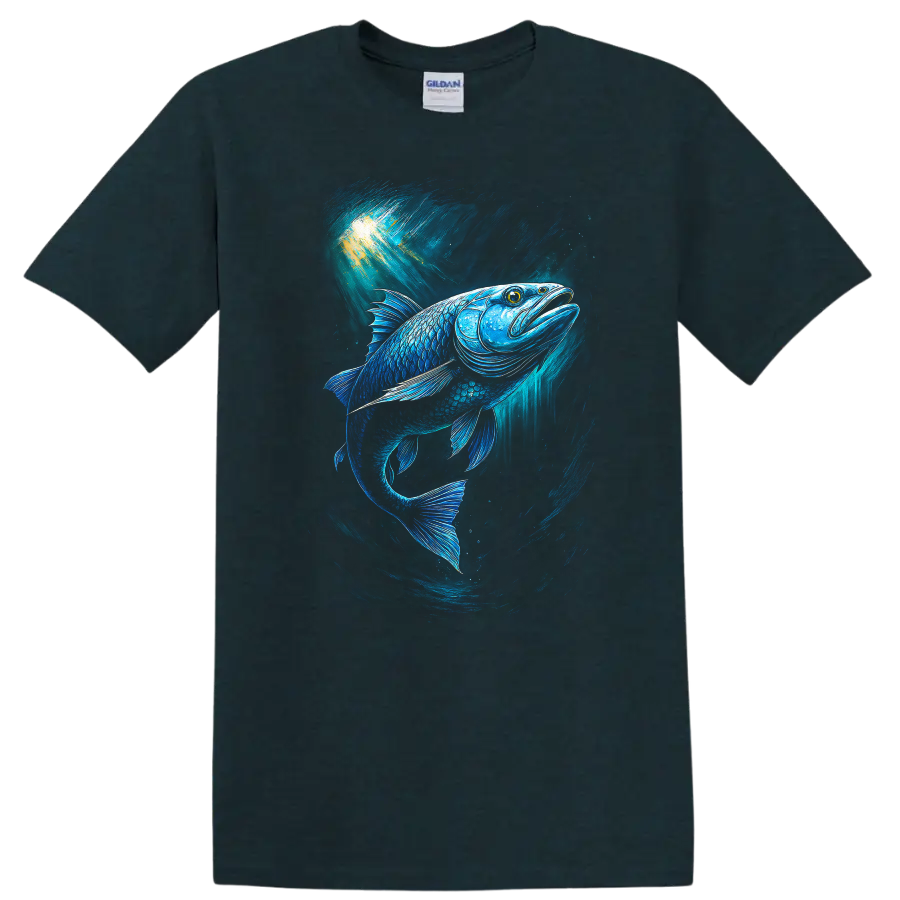 Glowing Blue Fish Underwater Art T Shirt Vibrant Ocean Angler Design - Midnight (Green)