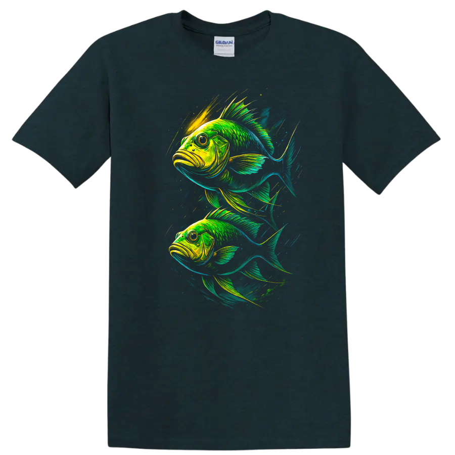 Neon Fish Art Graphic T Shirt Vibrant Tropical Aquatic Design - Midnight (Green)