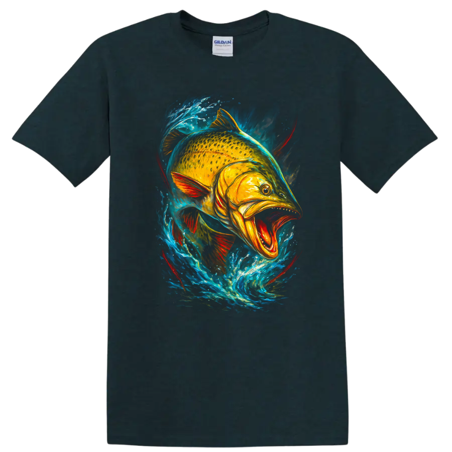 Vibrant Fish Splash Art T Shirt Bold Colorful Aquatic Angler Design - Midnight (Green)