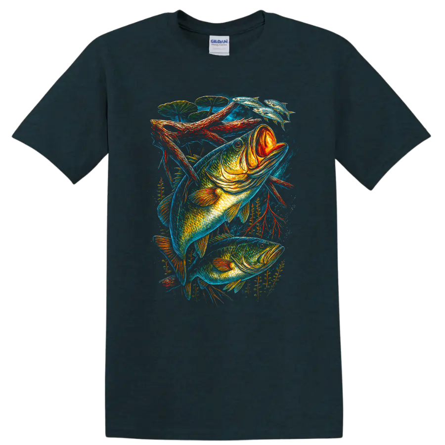 Colorful Bass Fish Art T Shirt for Anglers and Fishing Lovers - Midnight (Green)