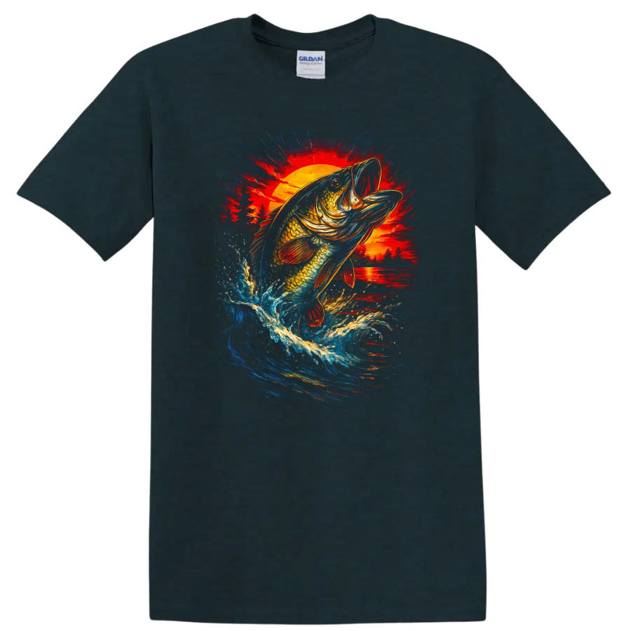 Colorful Bass Fish Jumping at Sunset Fishing T Shirt - Midnight (Green)