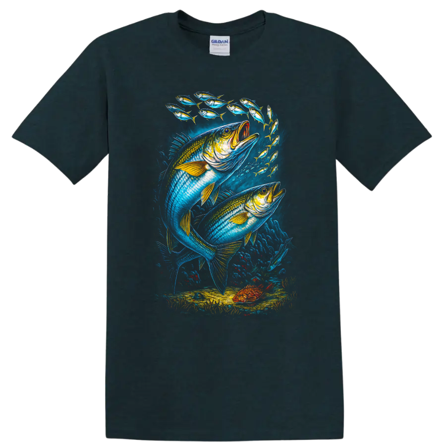 Colorful Fish School Underwater Ocean Art T Shirt for Anglers - Midnight (Green)
