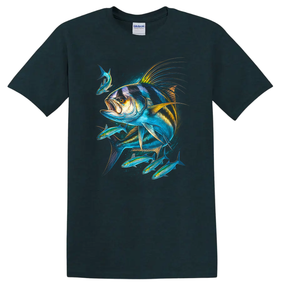 Colorful Fish School Art T Shirt Bold Ocean Angler Design - Midnight (Green)