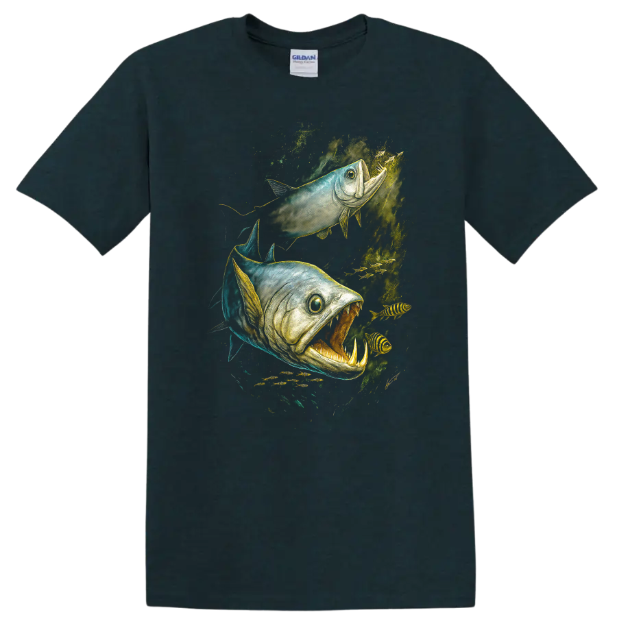 Aggressive Fish Duo Underwater Predator Art T Shirt - Midnight (Green)