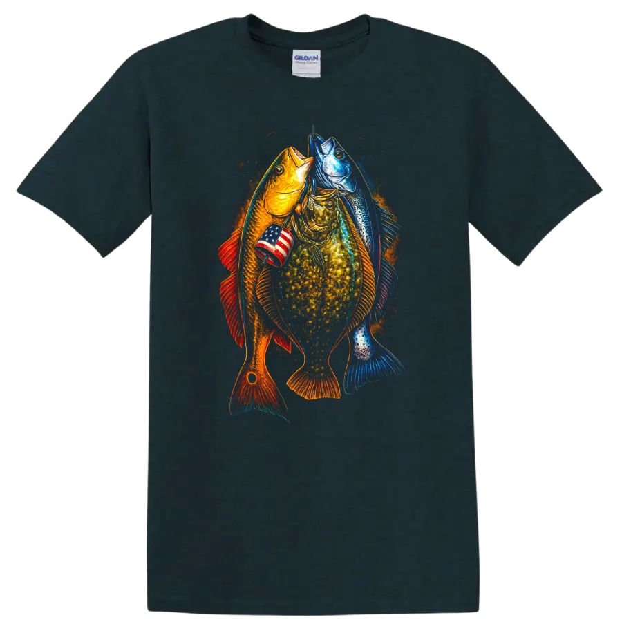 Patriotic Fish Trio American Flag Graphic T Shirt - Midnight (Green)