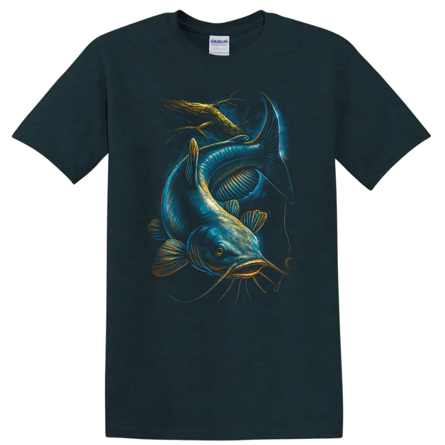 Glowing Catfish Fishing Lure Art T Shirt for Anglers and Fish Lovers - Midnight (Green)