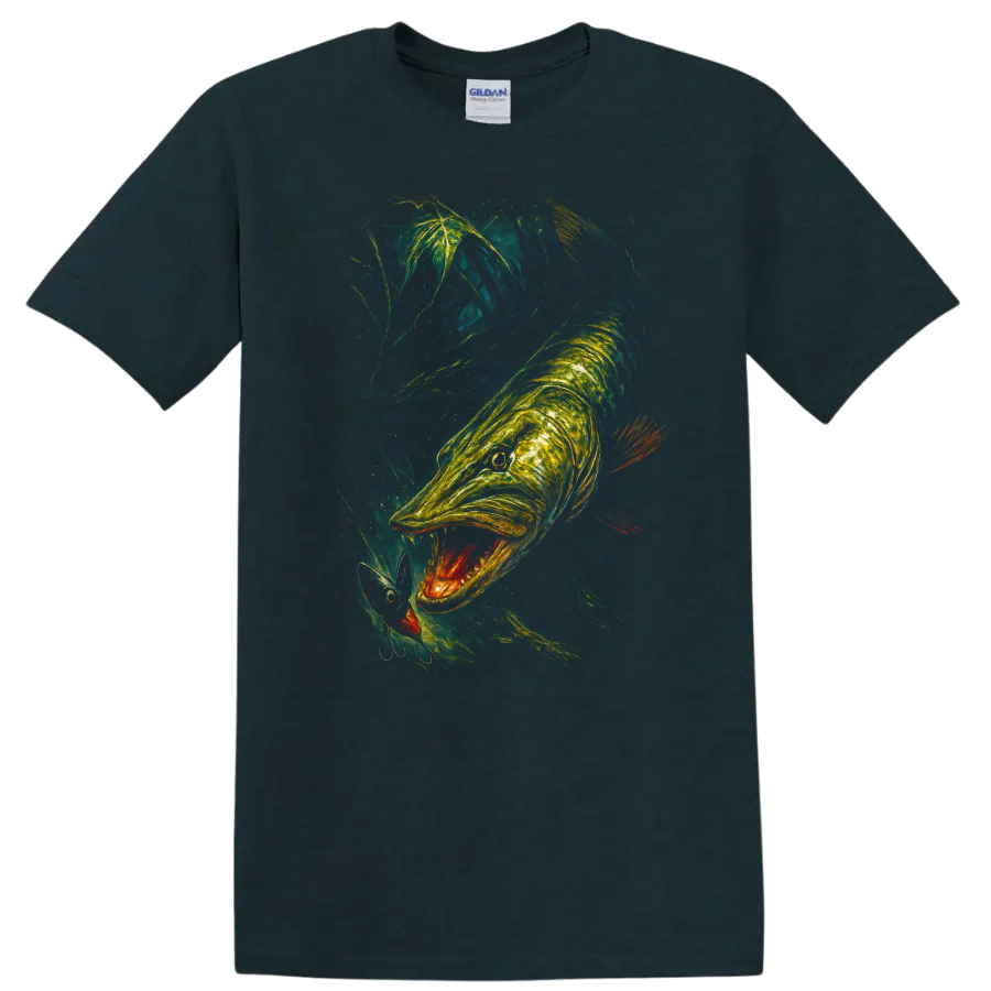 Glowing Fish Predator Art T Shirt Neon Underwater Hunting Scene - Midnight (Green)