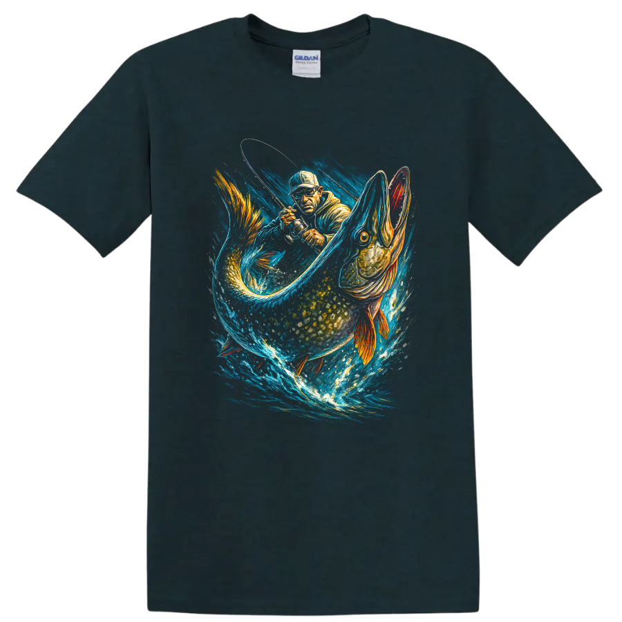 Angler Fishing Giant Pike Action Art T Shirt for Lake Sport Fishermen - Midnight (Green)