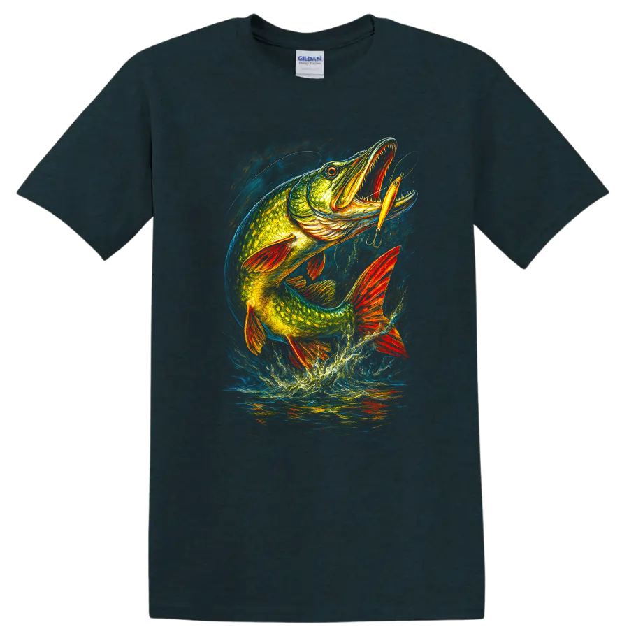 Colorful Pike Fish Lure Jumping Art T Shirt for Anglers - Midnight (Green)
