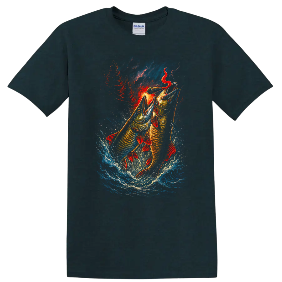Fishing Lure Fish Jumping Art Graphic T Shirt for Anglers - Midnight (Green)