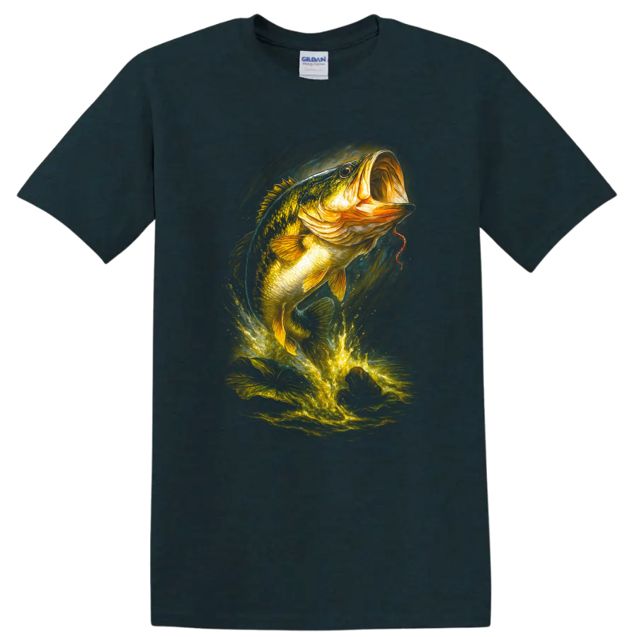 Glowing Largemouth Bass Fish Splash Art T Shirt for Anglers - Midnight (Green)