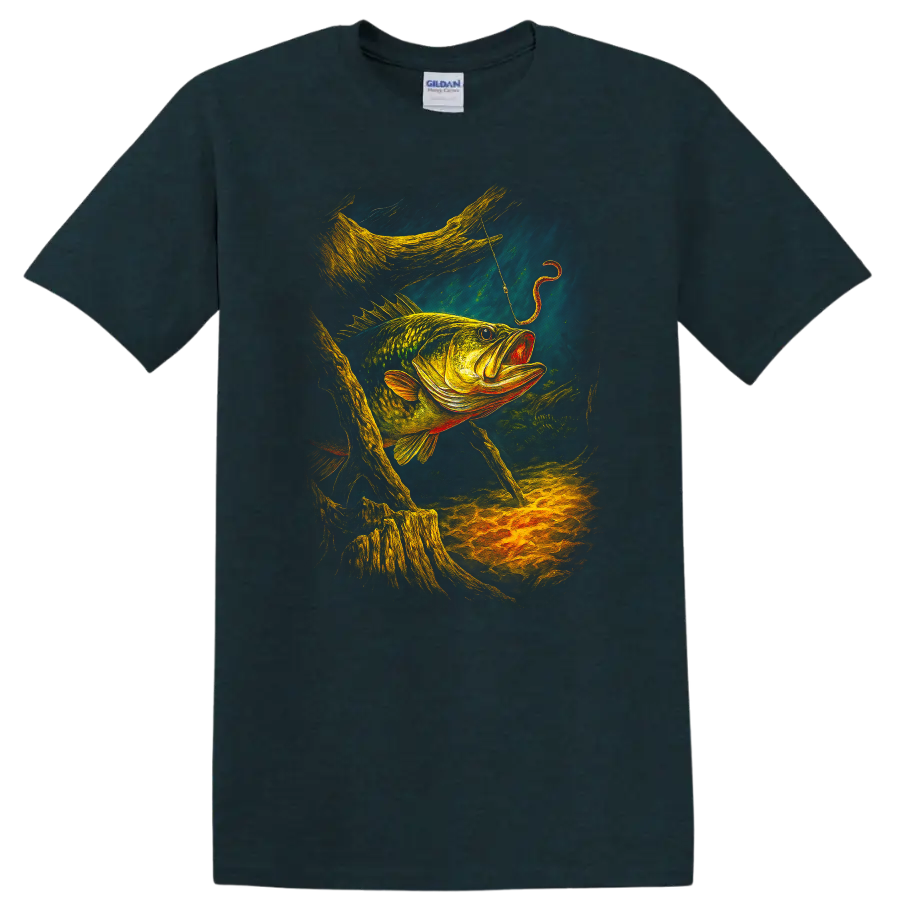 Colorful Largemouth Bass Fishing Art T Shirt for Anglers - Midnight (Green)