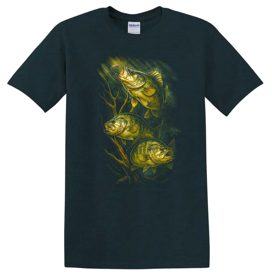 Bass Fishing T Shirt with Three Largemouth Fish Nature Graphic - Midnight (Green)
