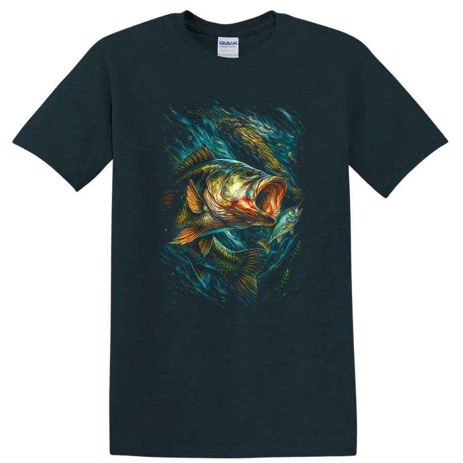 Bass Fishing T Shirt Vibrant Big Fish Catch Angler Art - Midnight (Green)