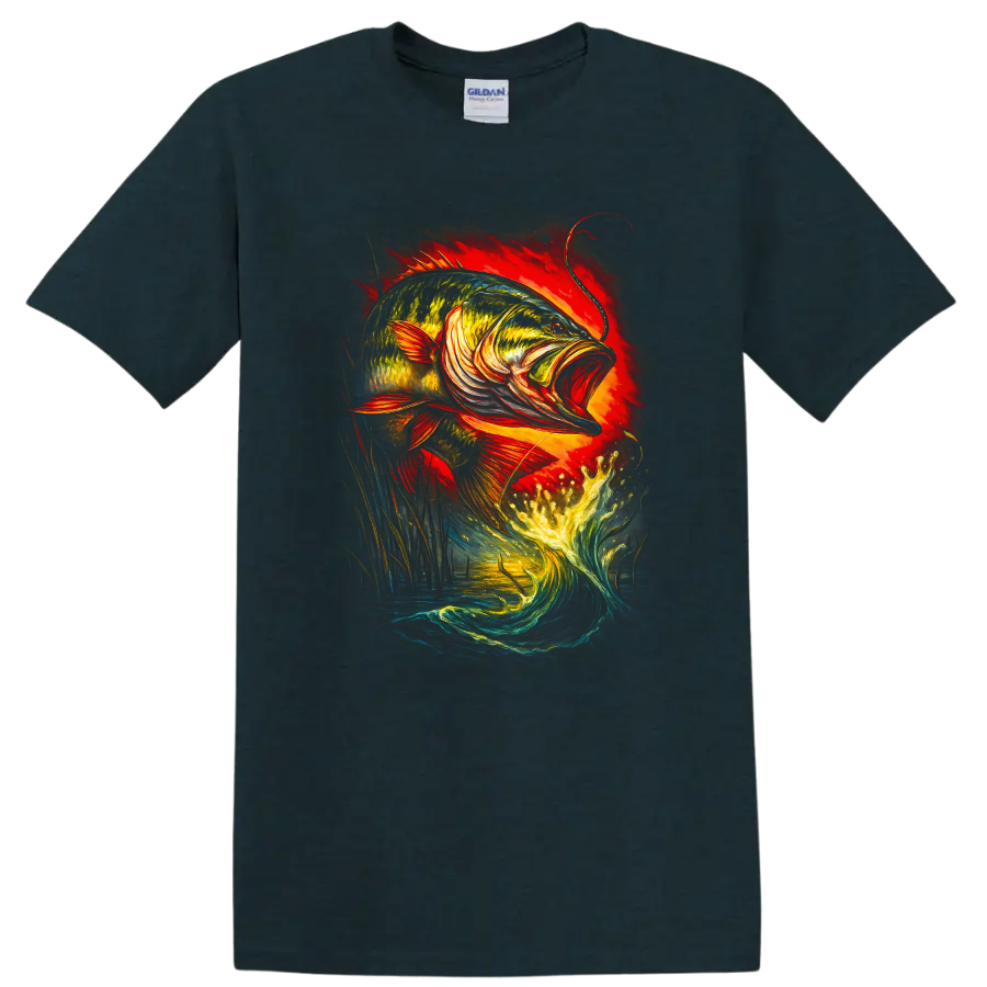 Colorful Leaping Bass Fish Art T Shirt for Anglers and Outdoorsmen - Midnight (Green)