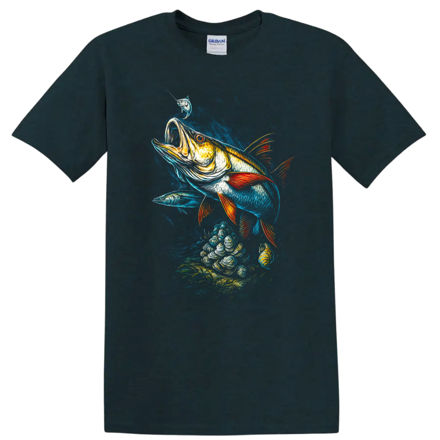 Vibrant Big Fish Underwater Art T Shirt with Bold Fishing Scene - Midnight (Green)