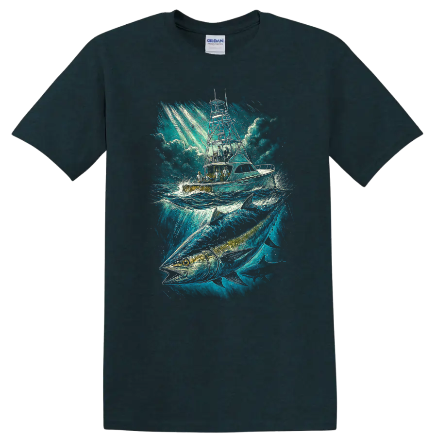 Ocean Fishing Boat and Big Fish T Shirt Blue Maritime Angler Art - Midnight (Green)