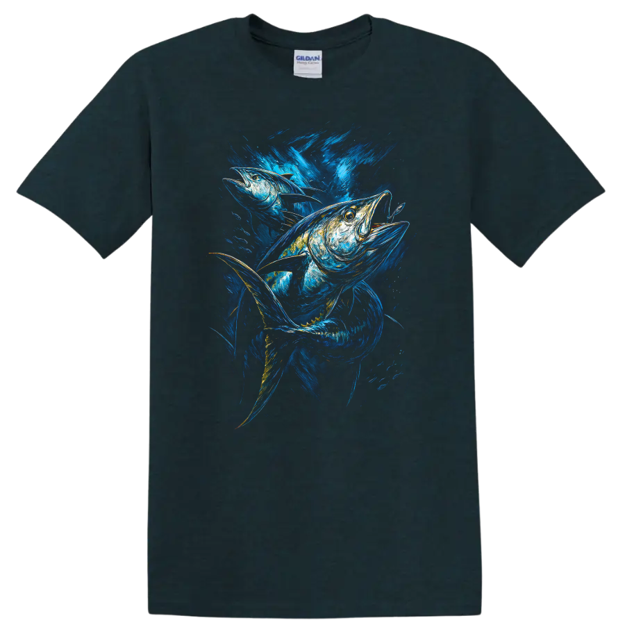 Vibrant Blue Fish Art T Shirt Abstract Ocean Wildlife Graphic - Midnight (Green)