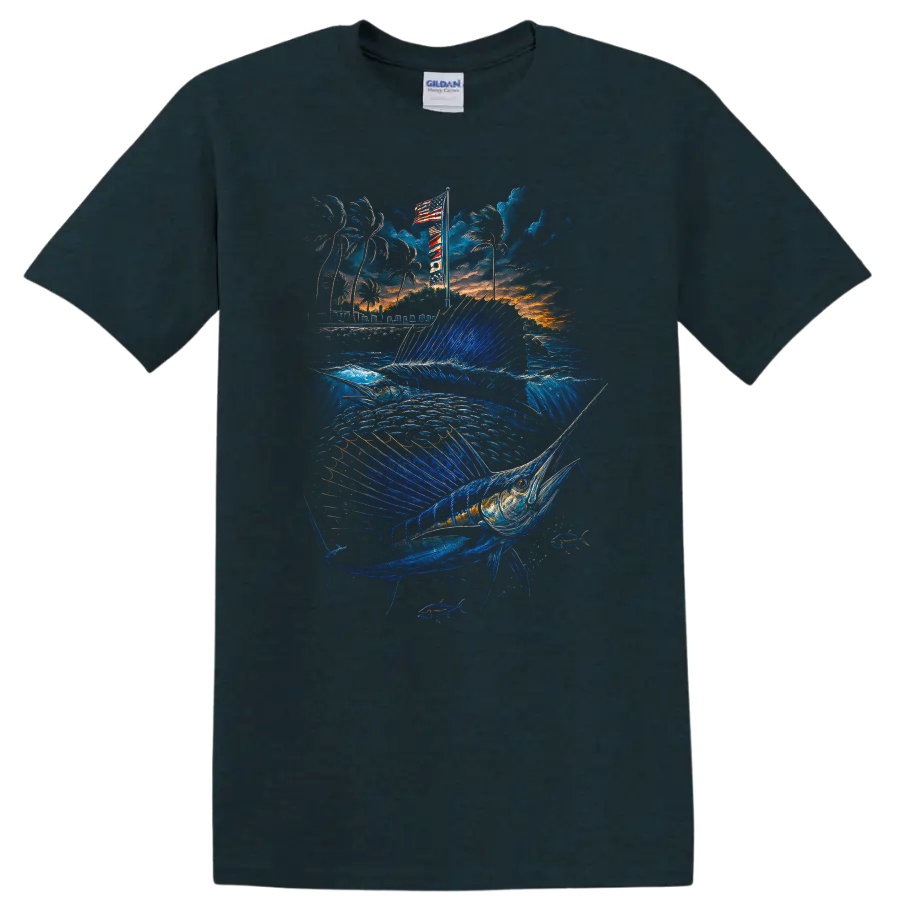Blue Marlin Fishing Sunset Ocean Fish Graphic T Shirt - Midnight (Green)