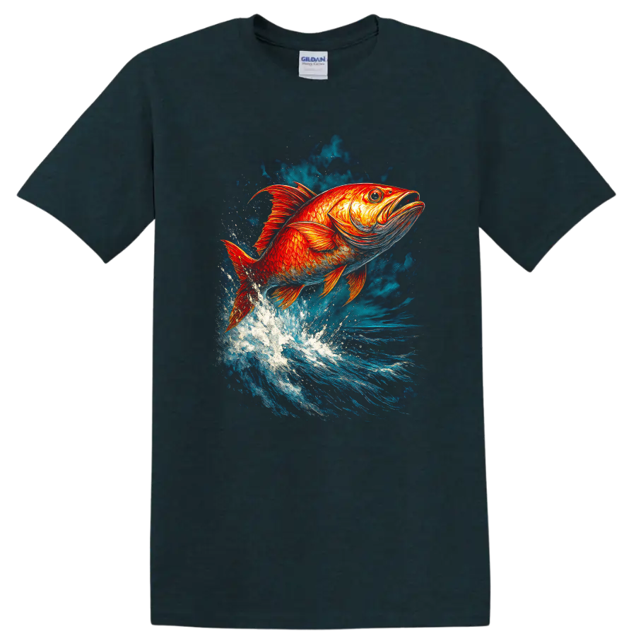 Vibrant Jumping Fish Splash Art T Shirt for Anglers and Nature Lovers - Midnight (Green)