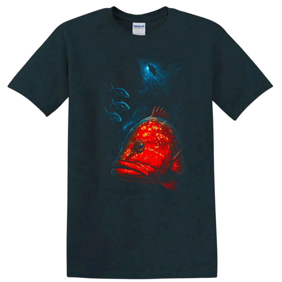 Deep Sea Fish T Shirt Vibrant Ocean Scuba Diver and School Art - Midnight (Green)