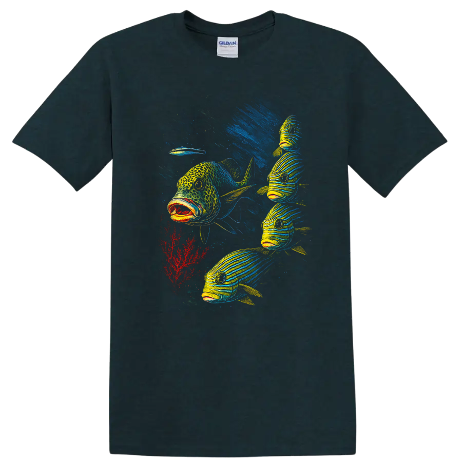 Colorful Fish School Underwater Art T Shirt for Ocean Lovers - Midnight (Green)