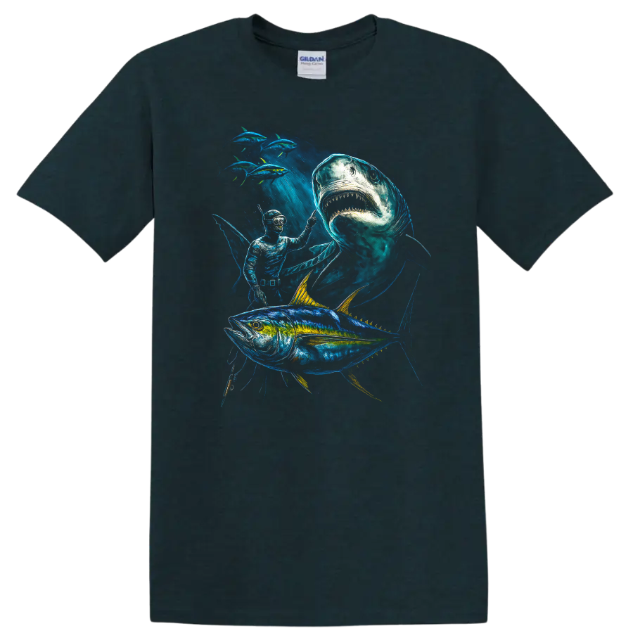 Ocean Fish Predator T Shirt Shark Tuna Diver Deep Sea Art - Midnight (Green)