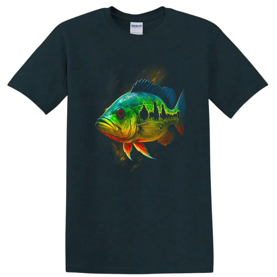Colorful Fish Art T Shirt Neon Tropical Bass Graphic Tee - Midnight (Green)