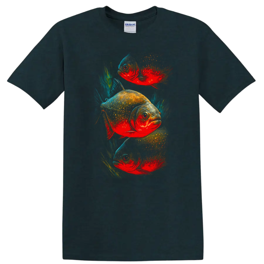 Vibrant Fish Art T Shirt Colorful Tropical Aquarium Style Graphic Tee - Midnight (Green)