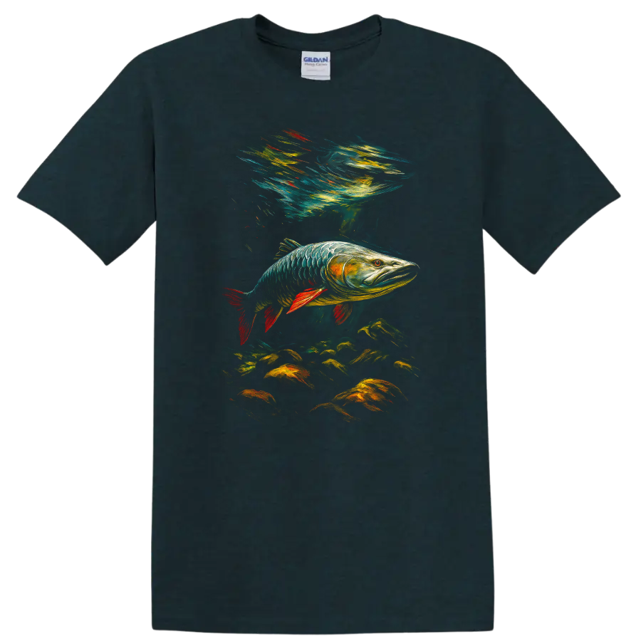 Colorful Fish Art T Shirt, Vibrant Underwater Bass Design for Anglers - Midnight (Green)