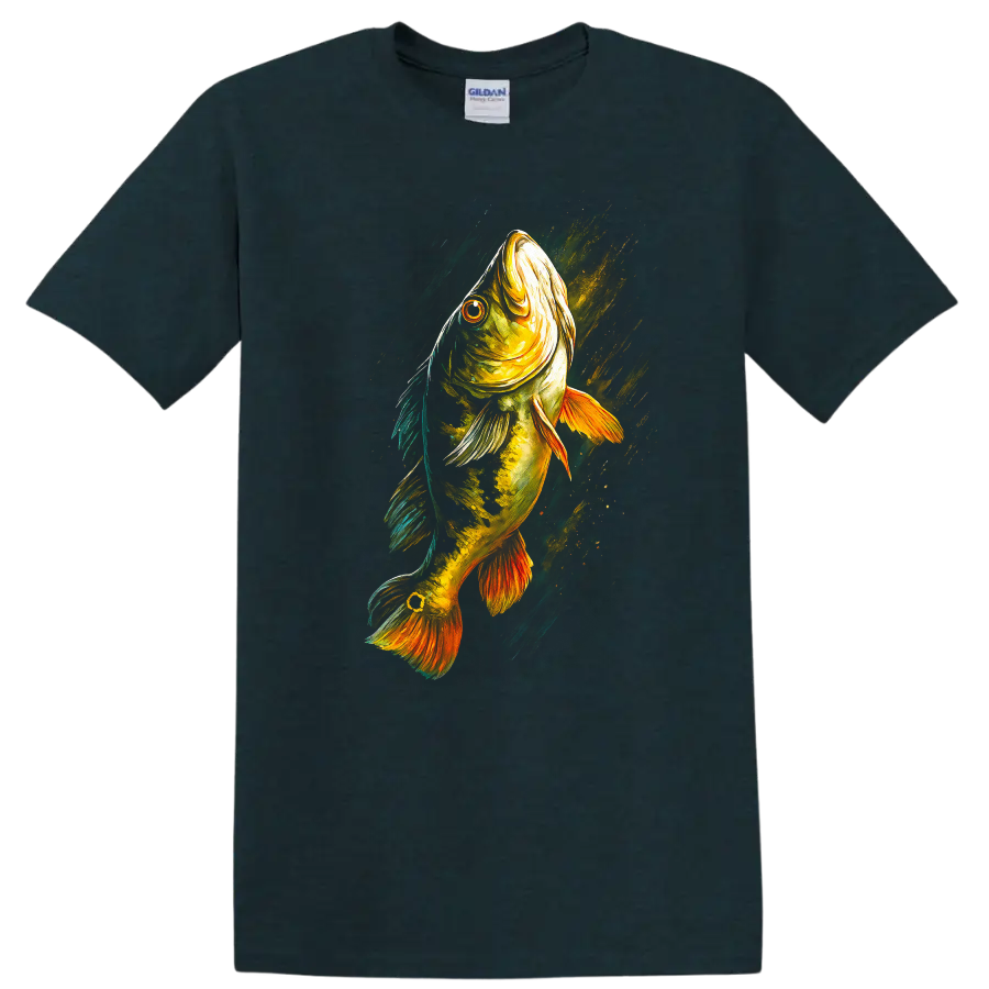 Colorful Fish Art T Shirt Vibrant Bass Fishing Graphic for Anglers - Midnight (Green)