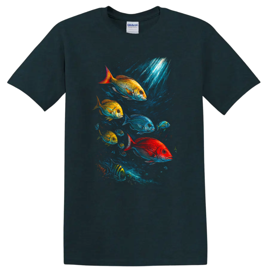 Colorful Fish School Underwater Art T Shirt Vibrant Ocean Scene - Midnight (Green)