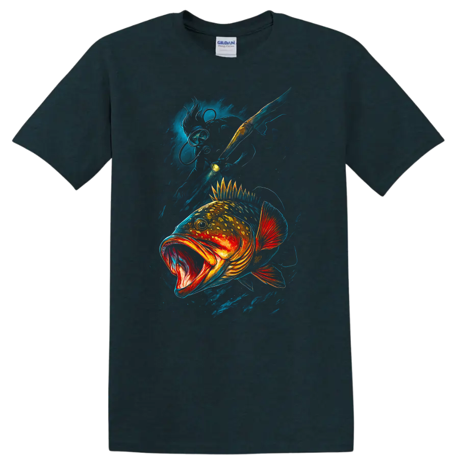 Colorful Bass Fish Art T Shirt Bold Deep Sea Angler Design - Midnight (Green)