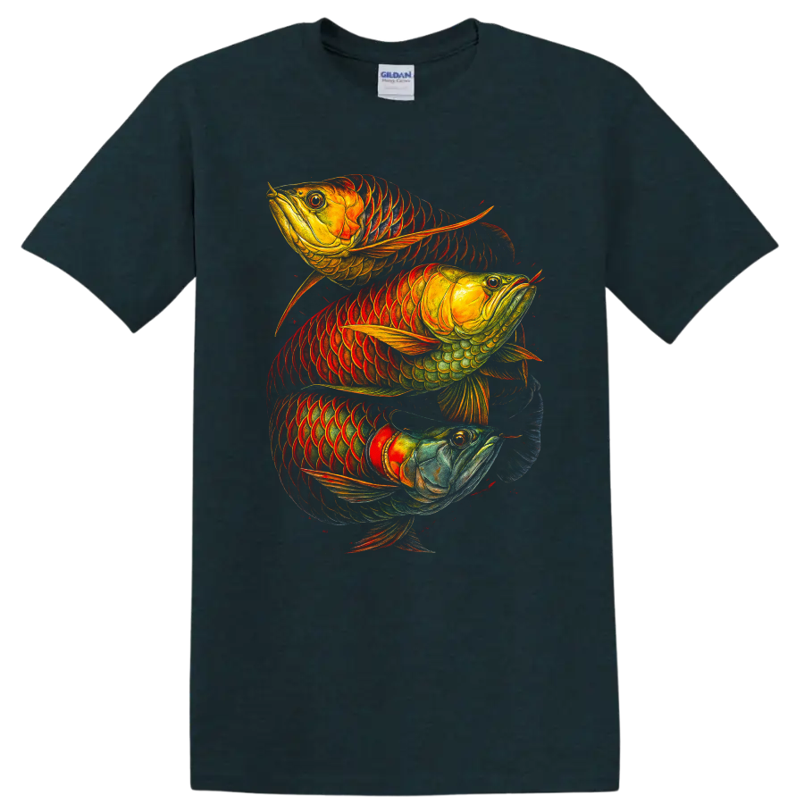 Three Arowana Fish Colorful Tropical Art T Shirt - Midnight (Green)