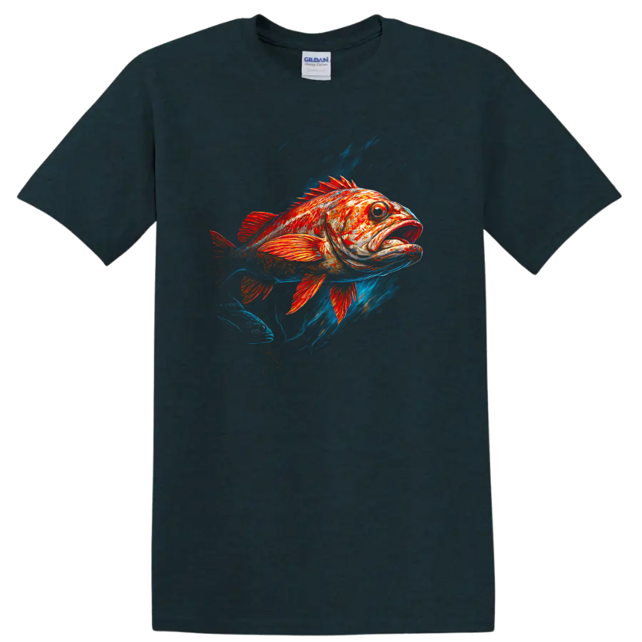 Red Orange Fish Art T Shirt with Bold Underwater Splash Design - Midnight (Green)