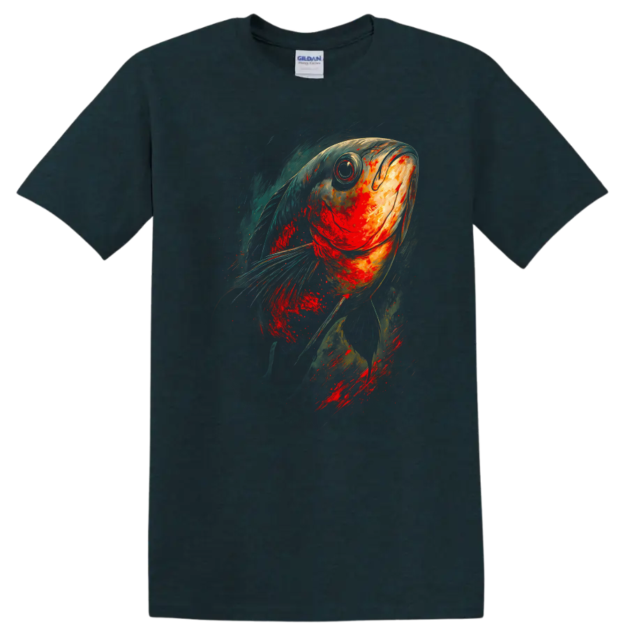 Abstract Colorful Fish Art T Shirt Vibrant Ocean Painterly Graphic Tee - Midnight (Green)